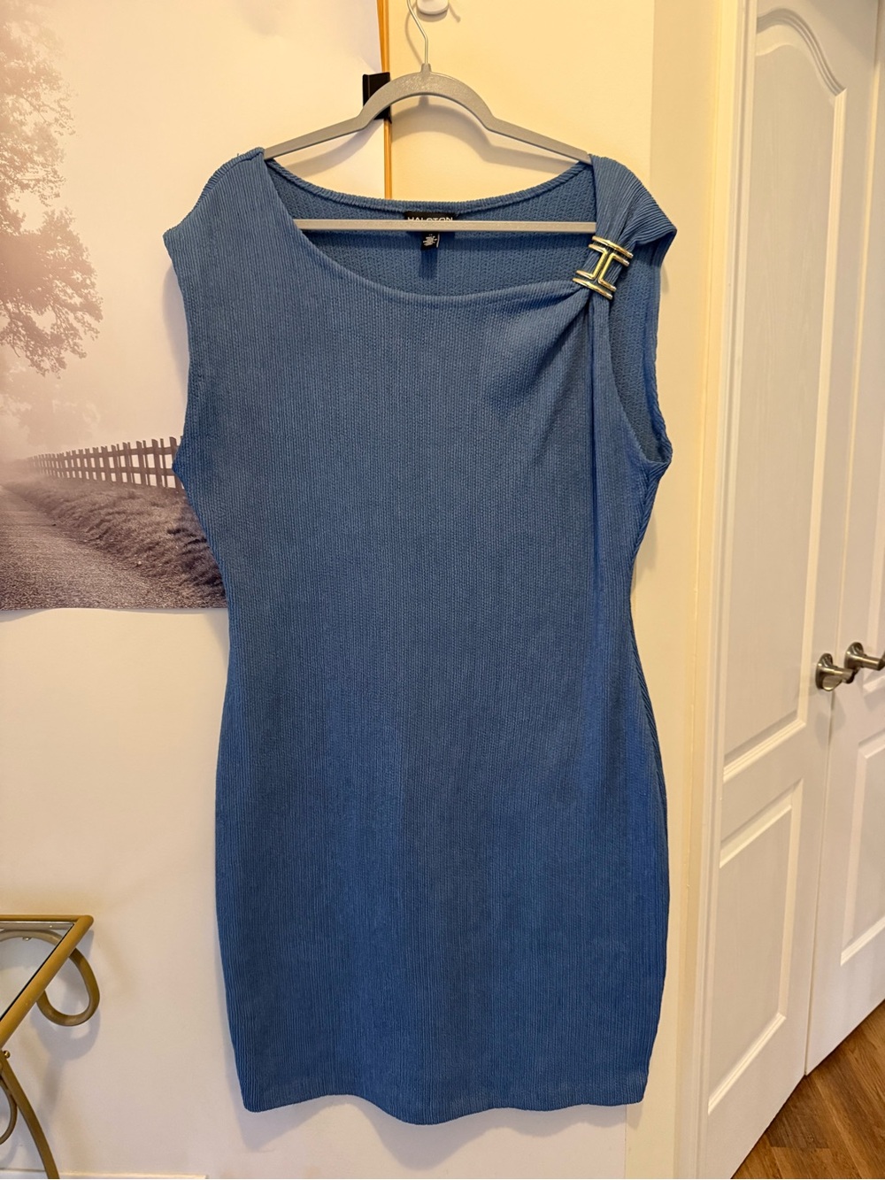 Halston Heritage Ribbed Blue Midi Dress with Gold-Tone Buckle